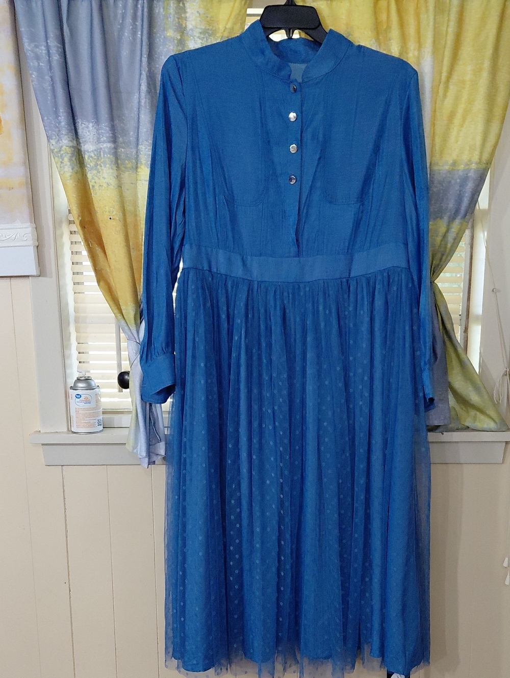 Blue Xpluswear Size XL Long-Sleeve Midi Dress with Mandarin Collar